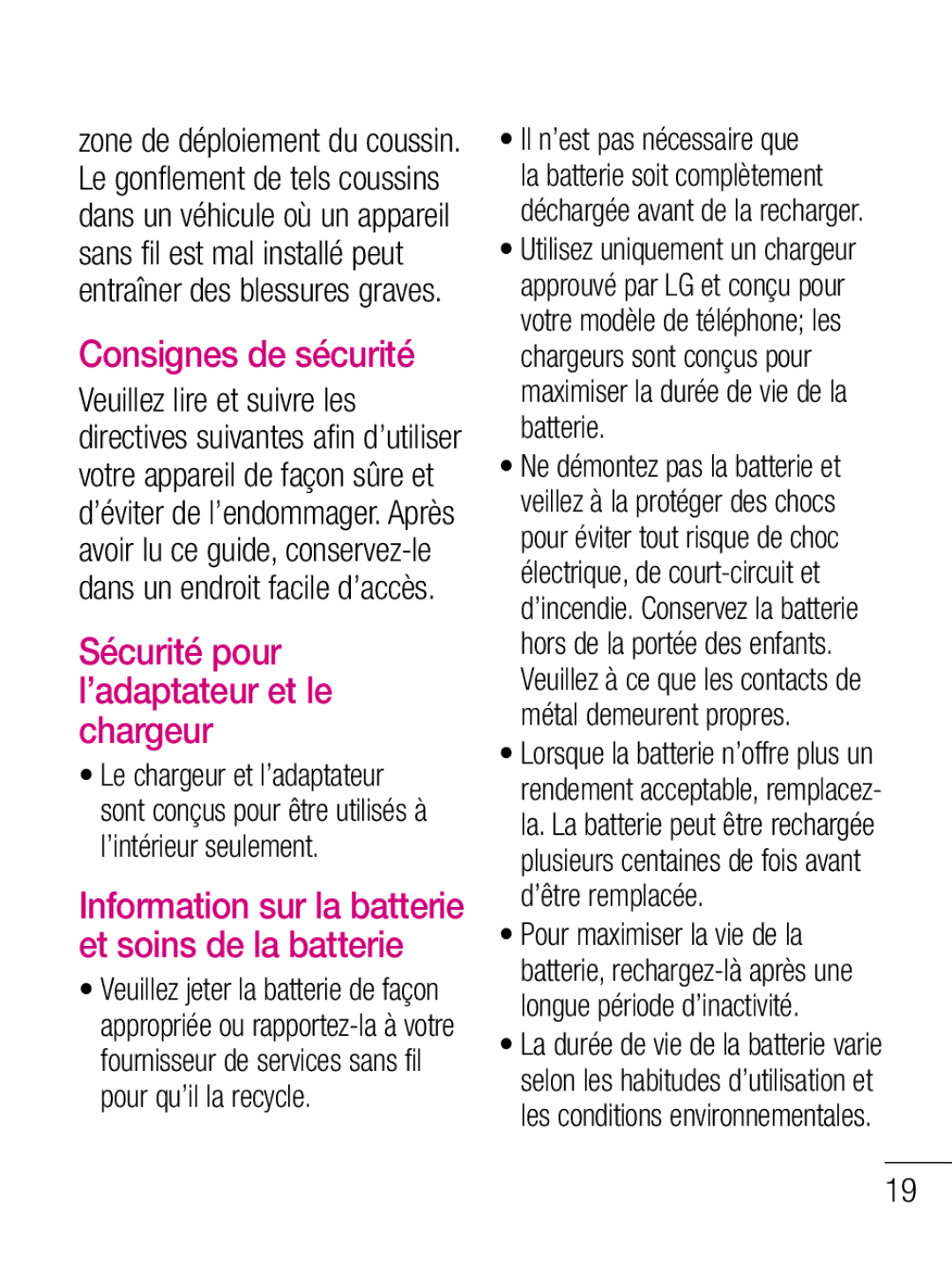 LG Electronics C660R manual Sécurité pour l’adaptateur et le chargeur, Information sur la batterie et soins de la batterie 