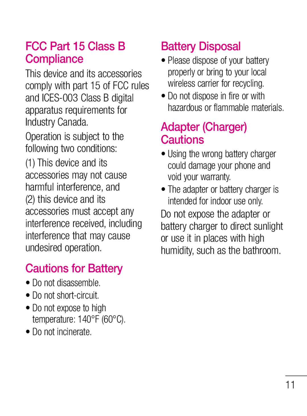 LG Electronics C660R manual Battery Disposal, Adapter Charger, Do not disassemble Do not short-circuit, Do not incinerate 