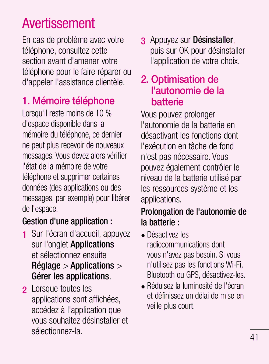 LG Electronics C660R Avertissement, Mémoire téléphone, Optimisation de lautonomie de la batterie, Gestion dune application 