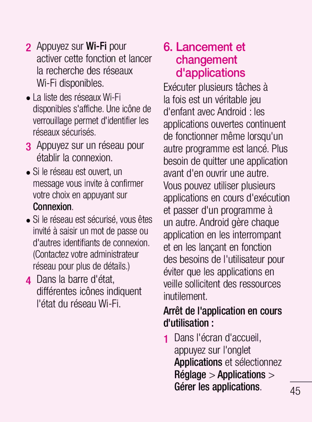 LG Electronics C660R manual Arrêt de lapplication en cours dutilisation, Gérer les applications 