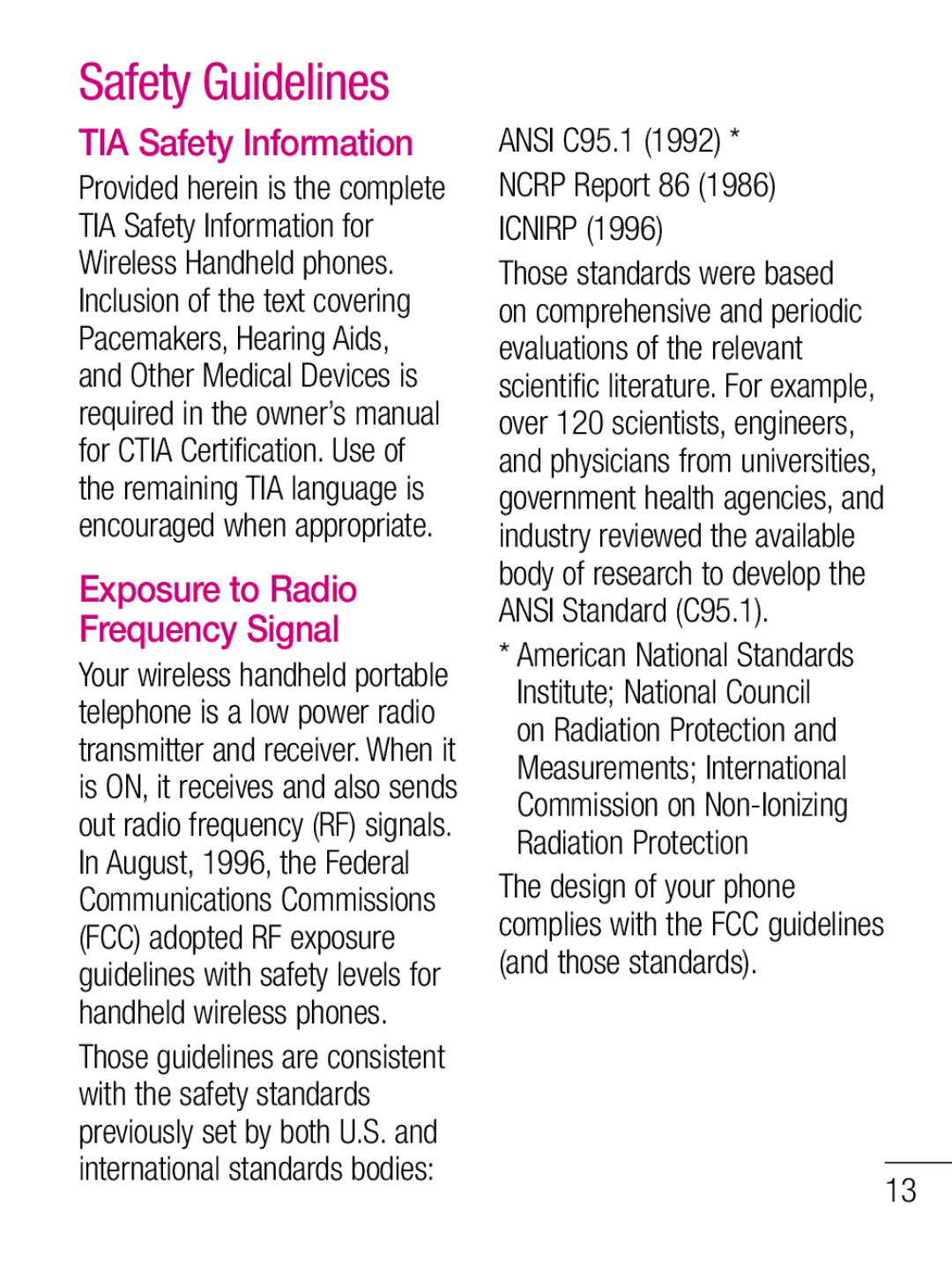 LG Electronics C660R manual Safety Guidelines, TIA Safety Information Exposure to Radio Frequency Signal 