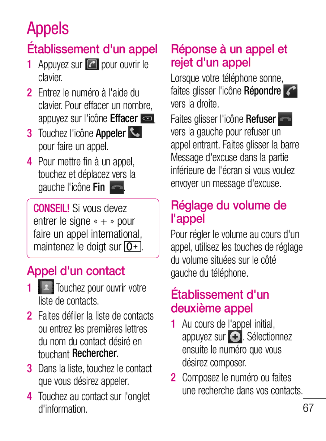 LG Electronics C660R manual Appels, Appel dun contact, Réponse à un appel et rejet dun appel, Réglage du volume de lappel 