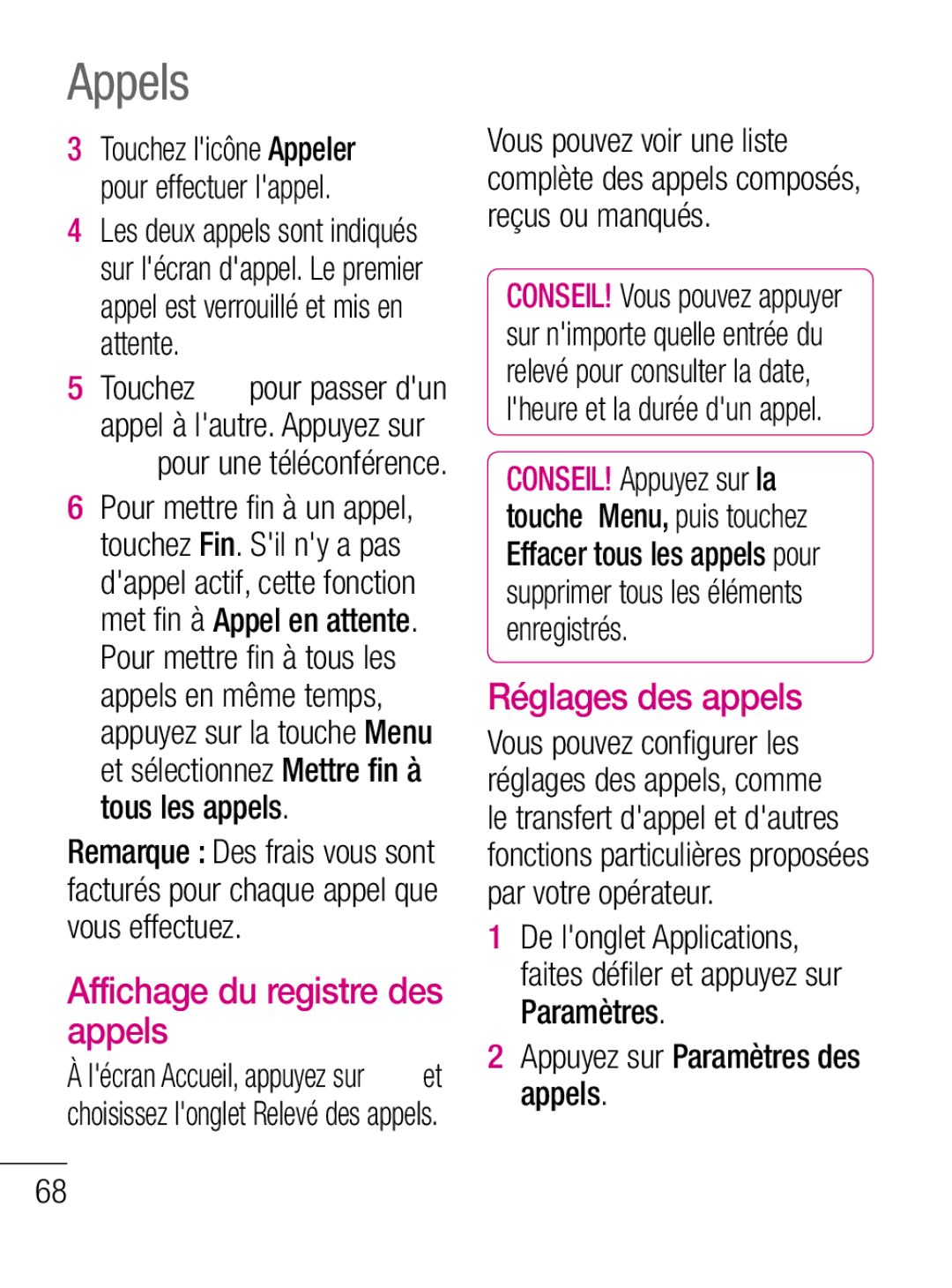 LG Electronics C660R Appels, Affichage du registre des appels, Réglages des appels, Appuyez sur Paramètres des appels 