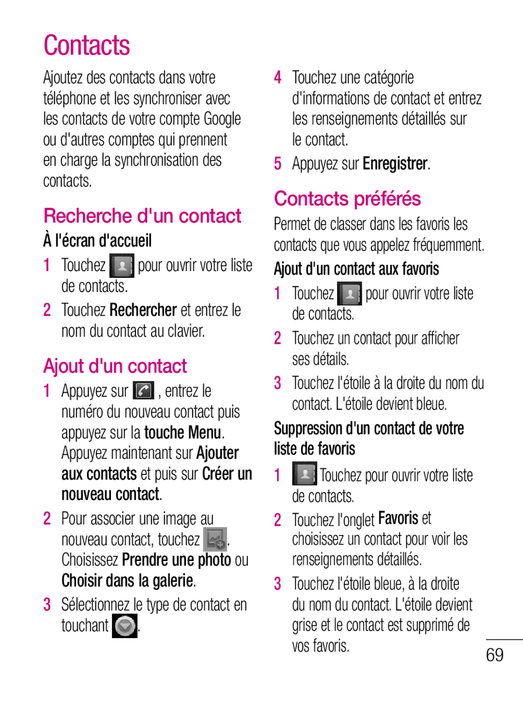 LG Electronics C660R manual Recherche dun contact, Ajout dun contact, Contacts préférés 