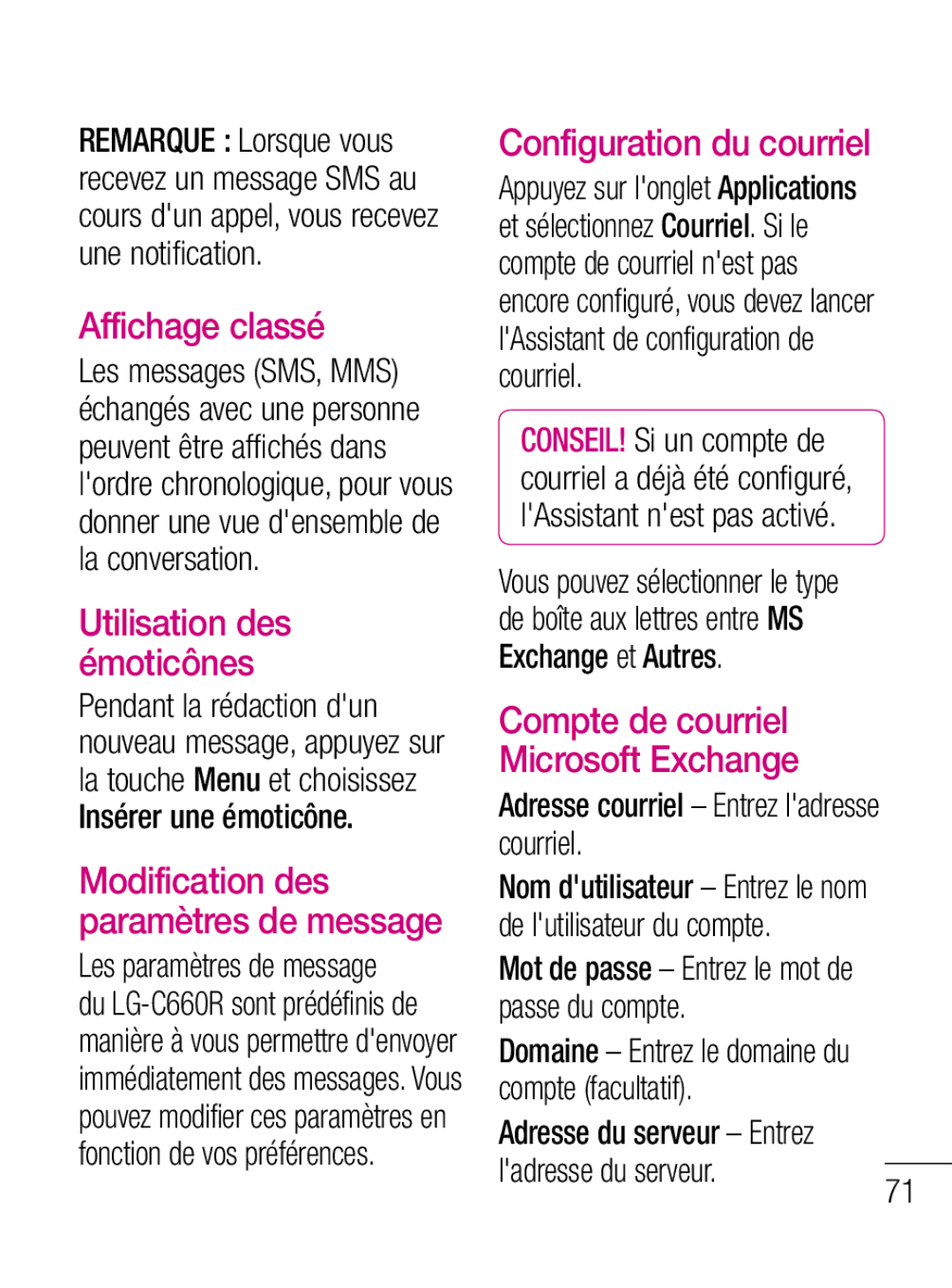 LG Electronics C660R manual Affichage classé, Configuration du courriel, Compte de courriel Microsoft Exchange 