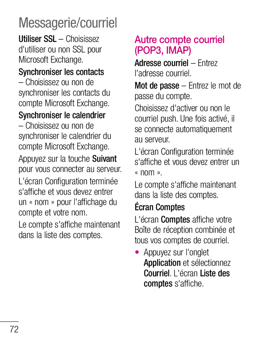 LG Electronics C660R manual Synchroniser les contacts, Synchroniser le calendrier, Autre compte courriel POP3, Imap 