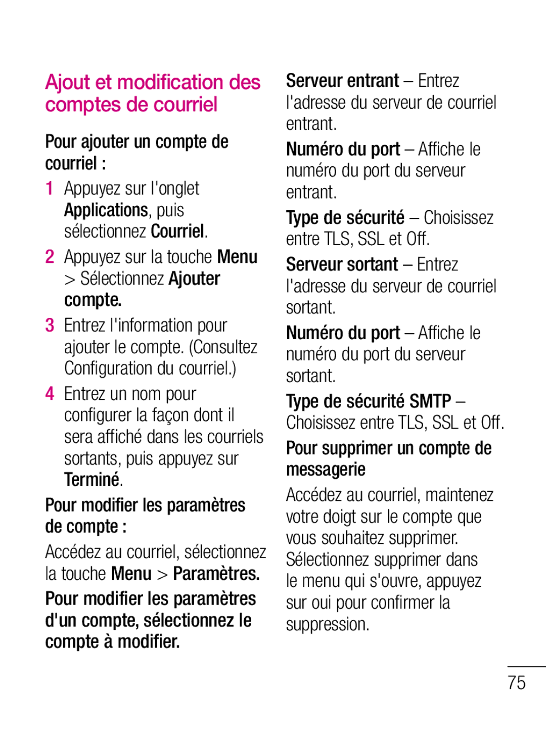 LG Electronics C660R manual Ajout et modification des comptes de courriel, Pour ajouter un compte de courriel 