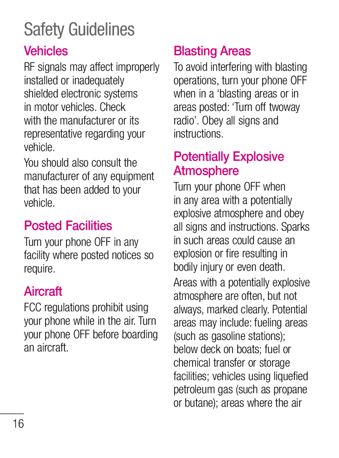 LG Electronics C660R manual Vehicles, Posted Facilities, Aircraft, Blasting Areas, Potentially Explosive Atmosphere 