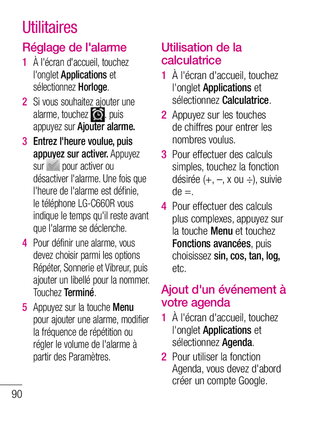 LG Electronics C660R Utilitaires, Réglage de lalarme, Utilisation de la calculatrice, Ajout dun événement à votre agenda 