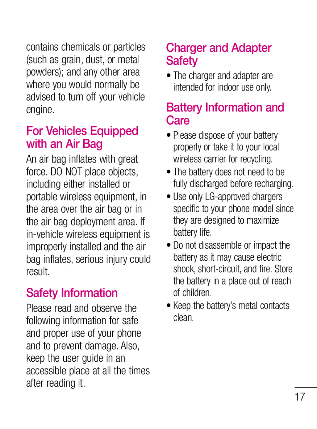 LG Electronics C660R manual Charger and Adapter Safety, Battery Information and Care, For Vehicles Equipped with an Air Bag 