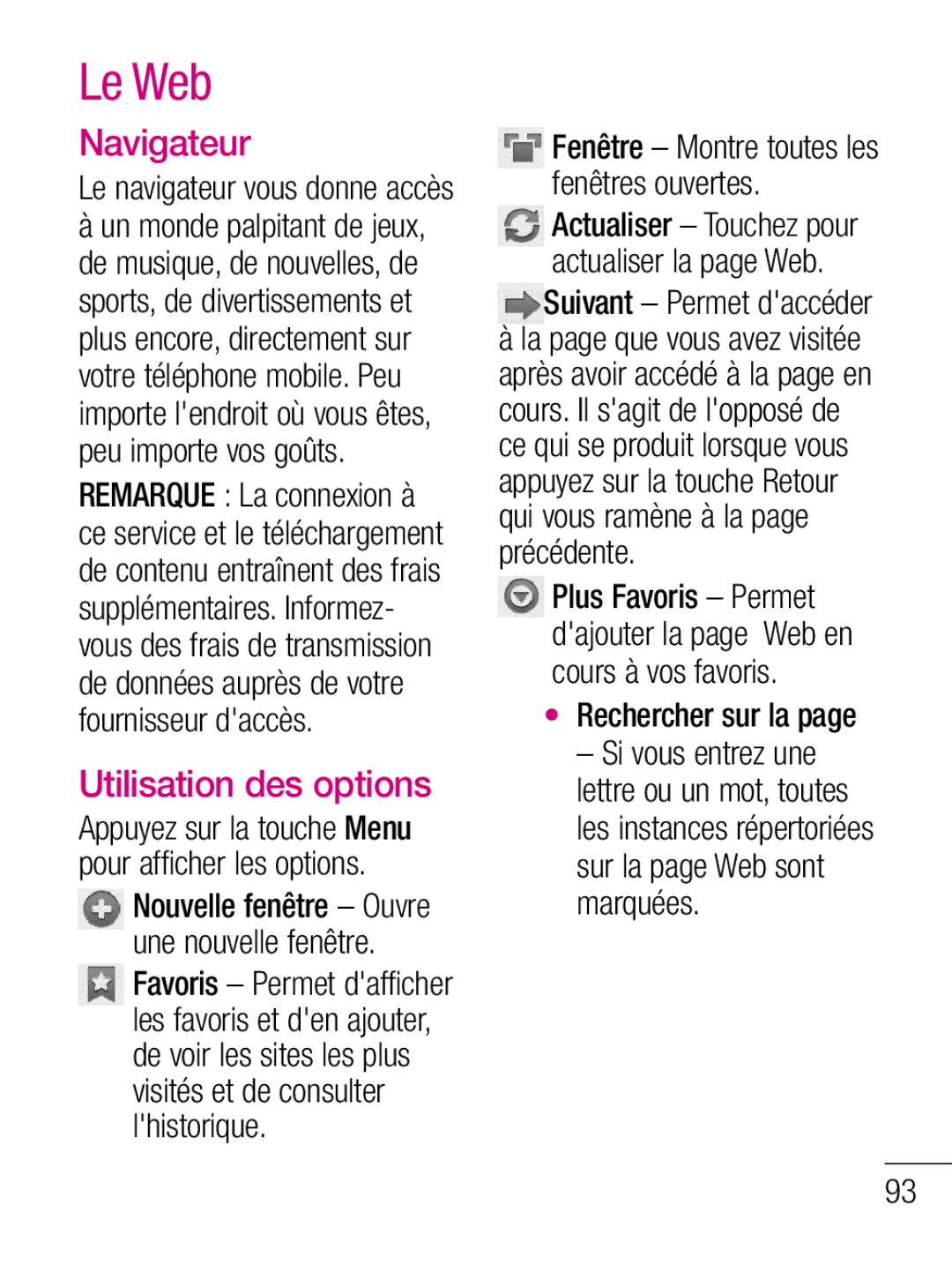 LG Electronics C660R manual Le Web, Navigateur, Utilisation des options 