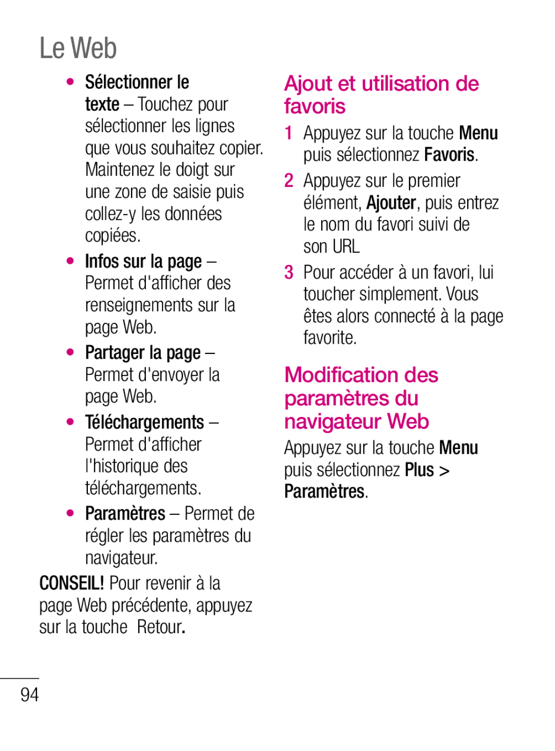 LG Electronics C660R manual Le Web, Ajout et utilisation de favoris, Modification des paramètres du navigateur Web 