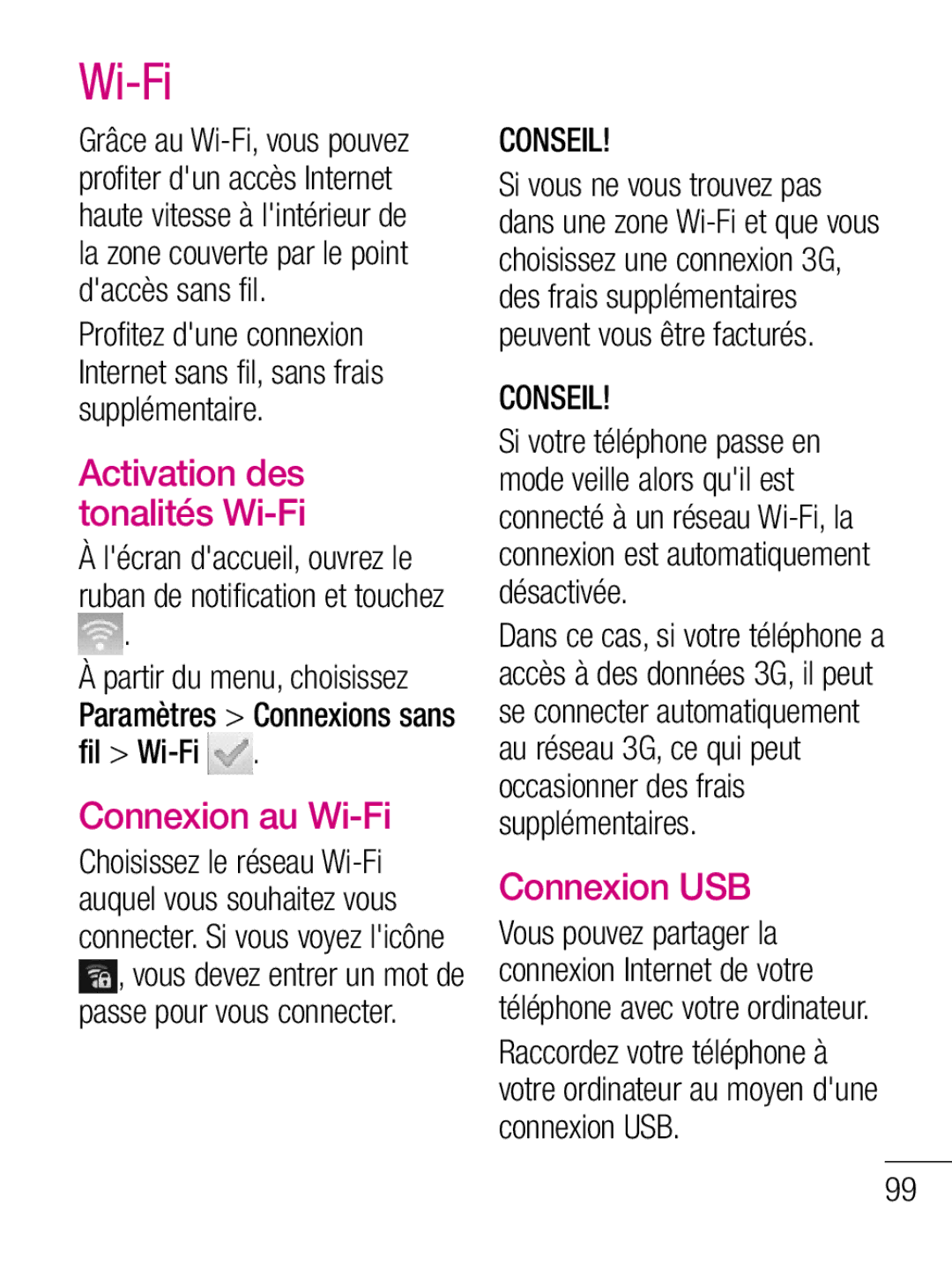 LG Electronics C660R manual Connexion au Wi-Fi, Connexion USB 