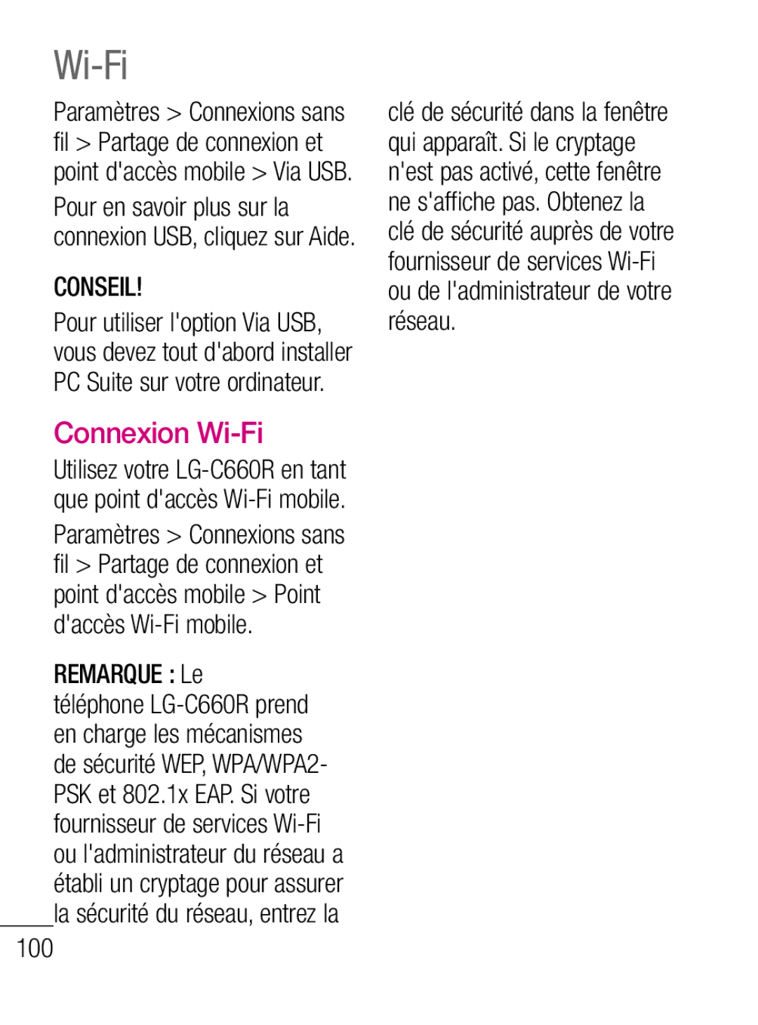 LG Electronics C660R manual Connexion Wi-Fi, Remarque Le 