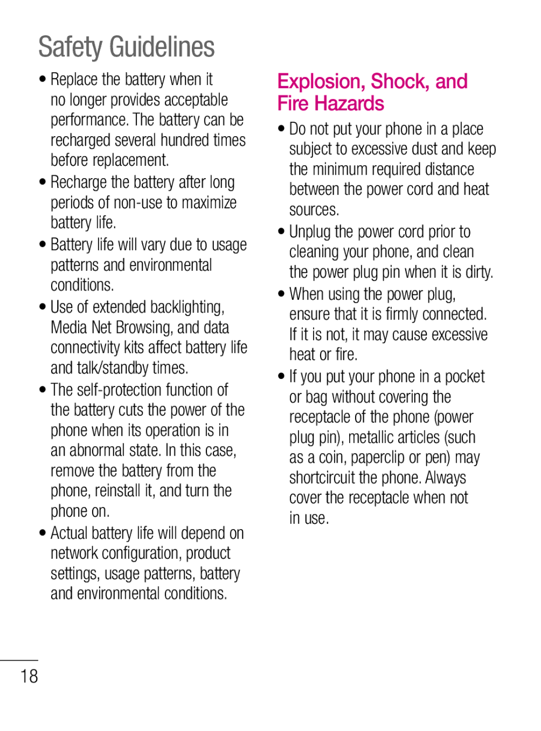 LG Electronics C660R manual Explosion, Shock, and Fire Hazards 