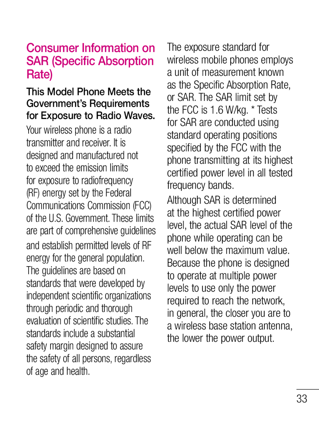 LG Electronics C660R manual Consumer Information on SAR Specific Absorption Rate 