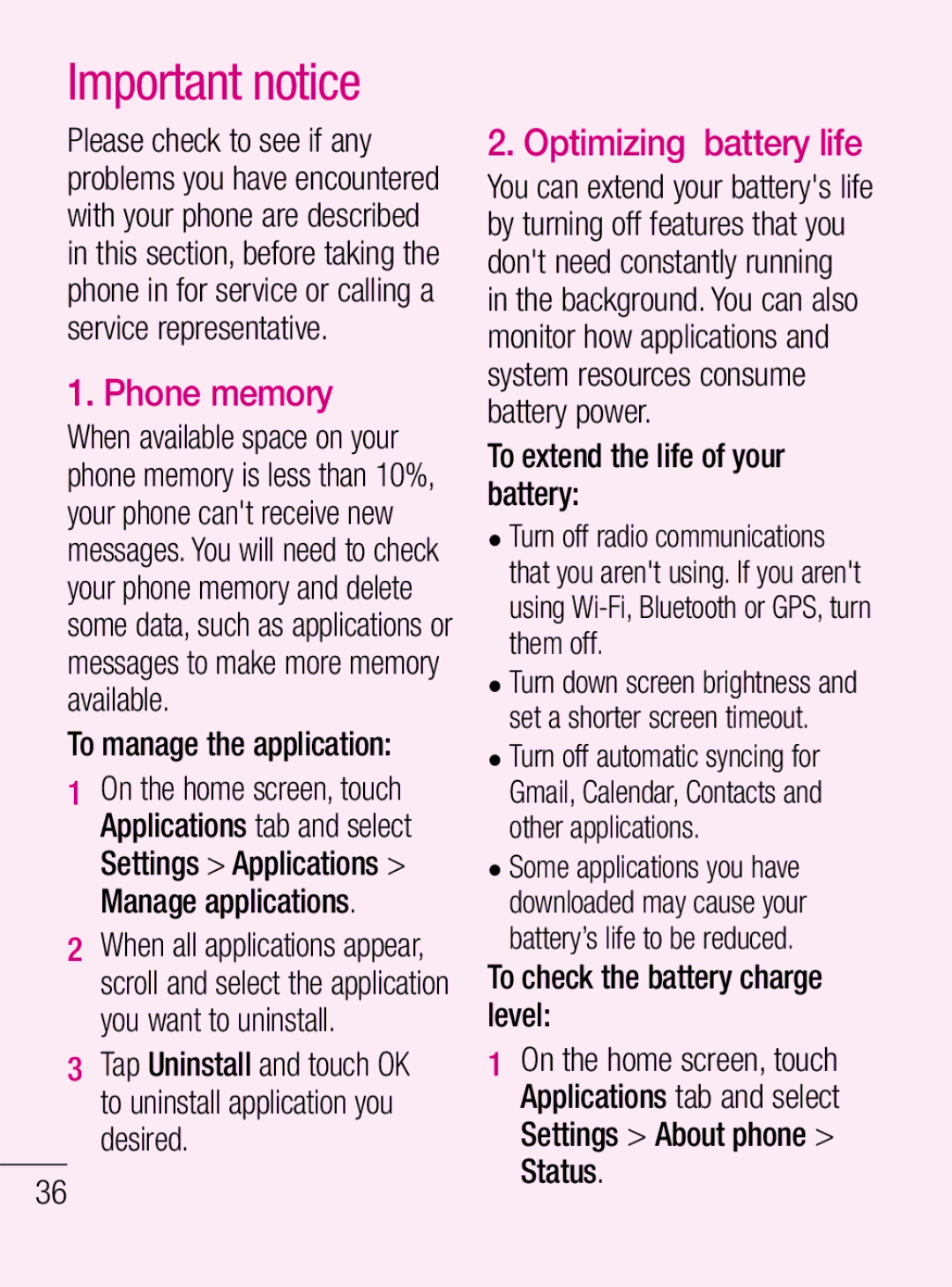 LG Electronics C660R manual Important notice, Phone memory, Optimizing battery life, To manage the application 