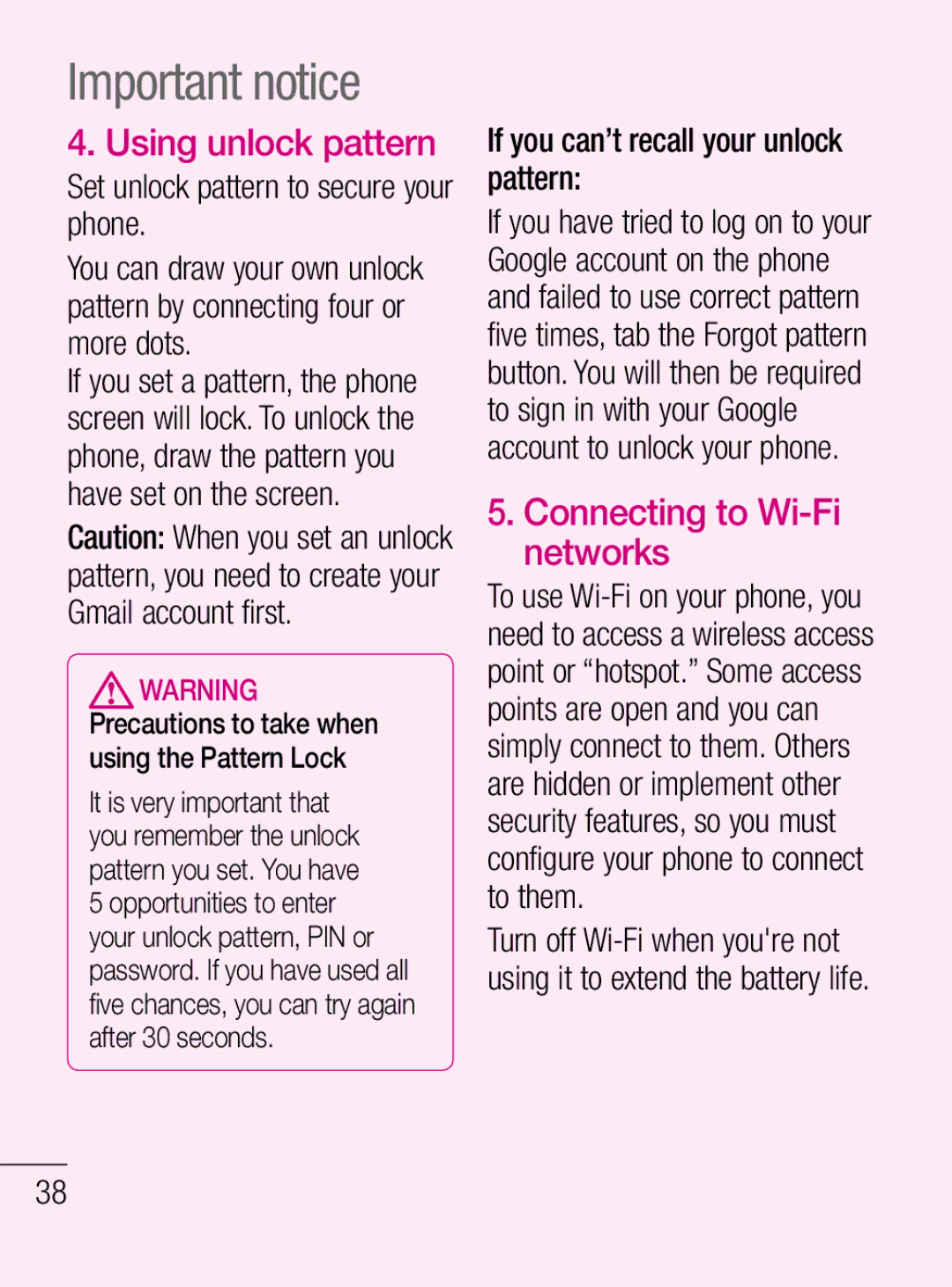 LG Electronics C660R manual Important notice, Using unlock pattern, Connecting to Wi-Fi networks 