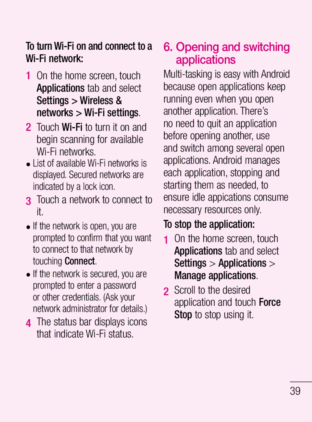 LG Electronics C660R manual Wi-Fi networks, Touch a network to connect to it, Opening and switching applications 