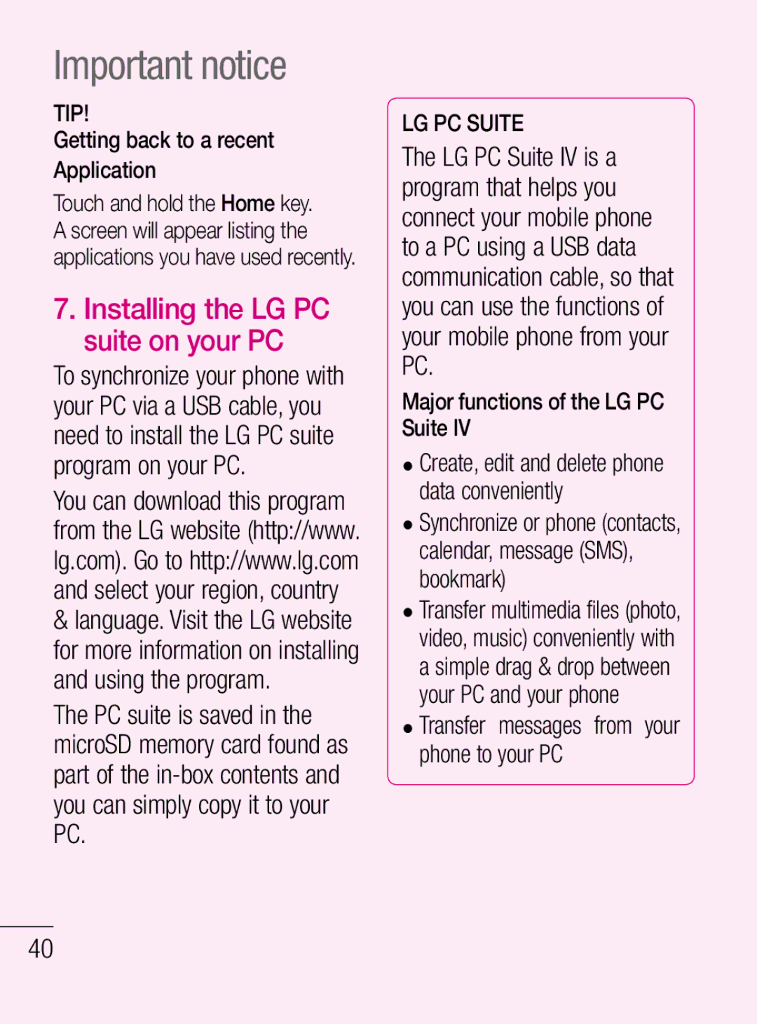 LG Electronics C660R manual Installing the LG PC suite on your PC, Getting back to a recent Application 