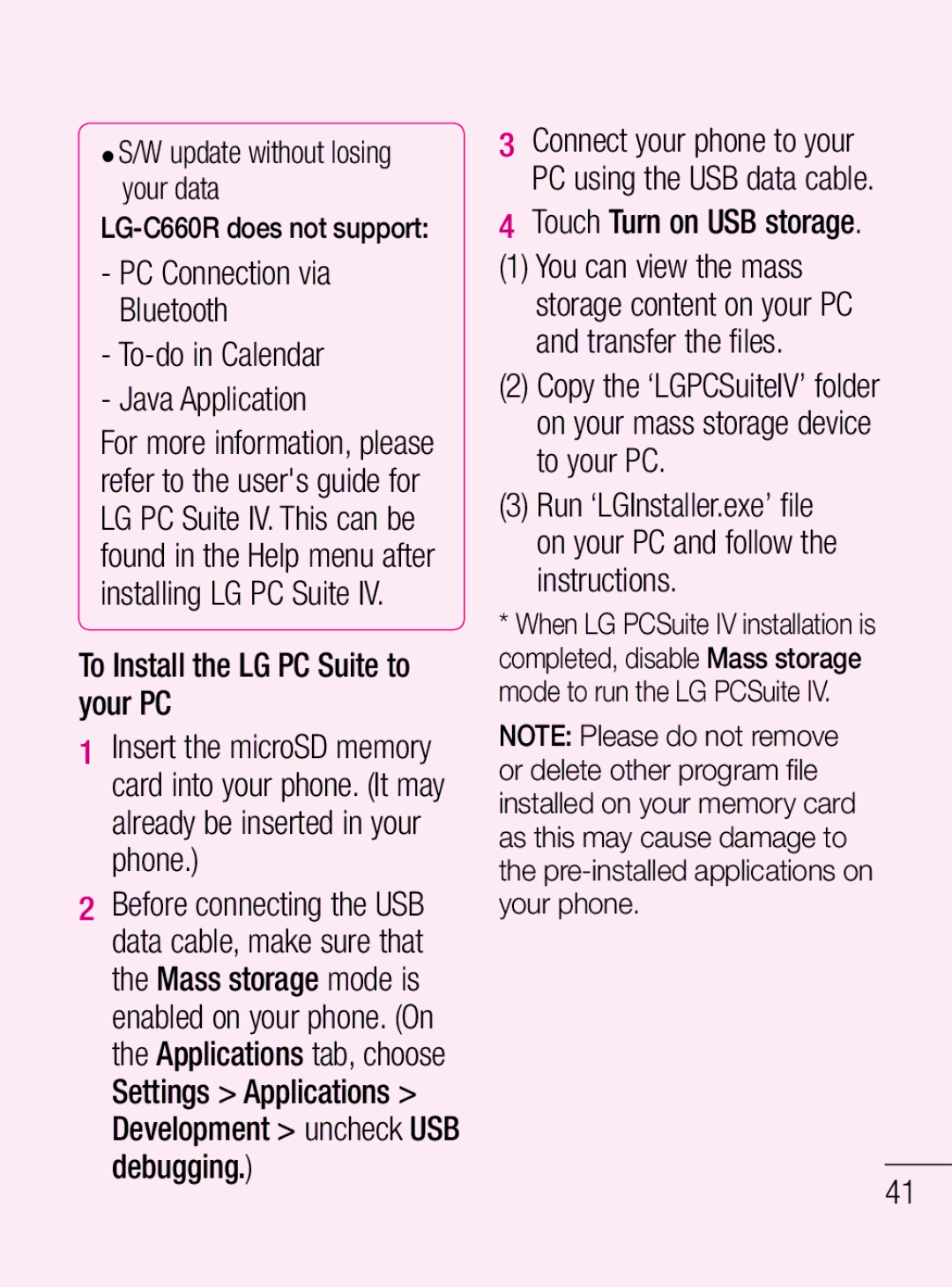 LG Electronics C660R manual To Install the LG PC Suite to your PC, Touch Turn on USB storage 