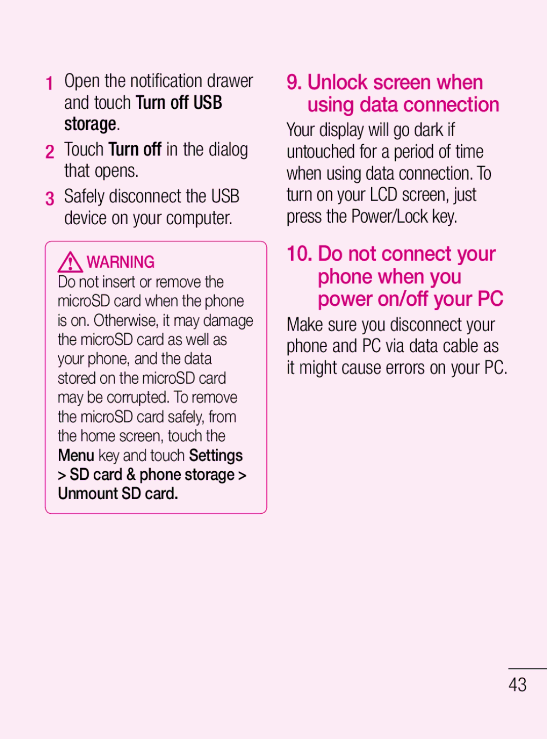 LG Electronics C660R Unlock screen when using data connection, Do not connect your phone when you power on/off your PC 