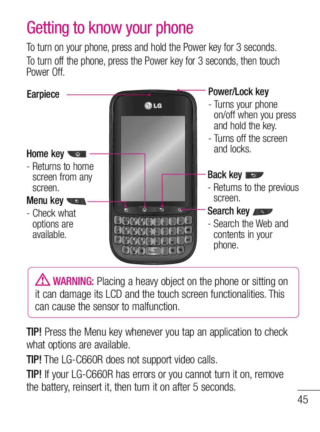 LG Electronics C660R manual Getting to know your phone, Menu key, Power/Lock key, Search the Web and contents in your phone 