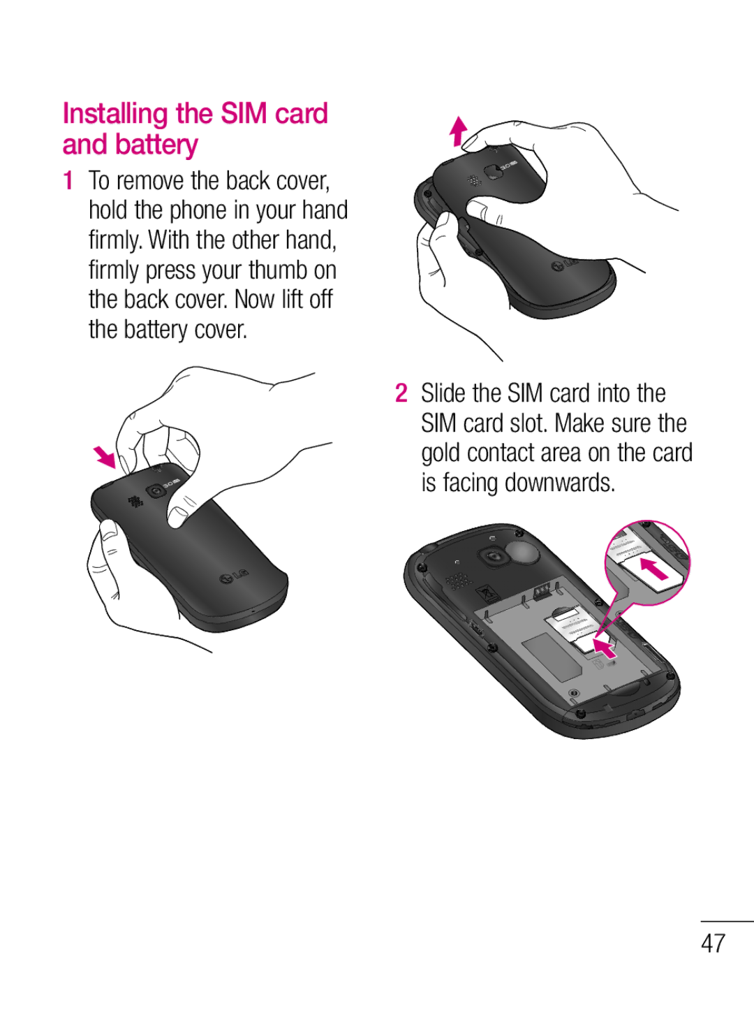 LG Electronics C660R manual Installing the SIM card and battery 