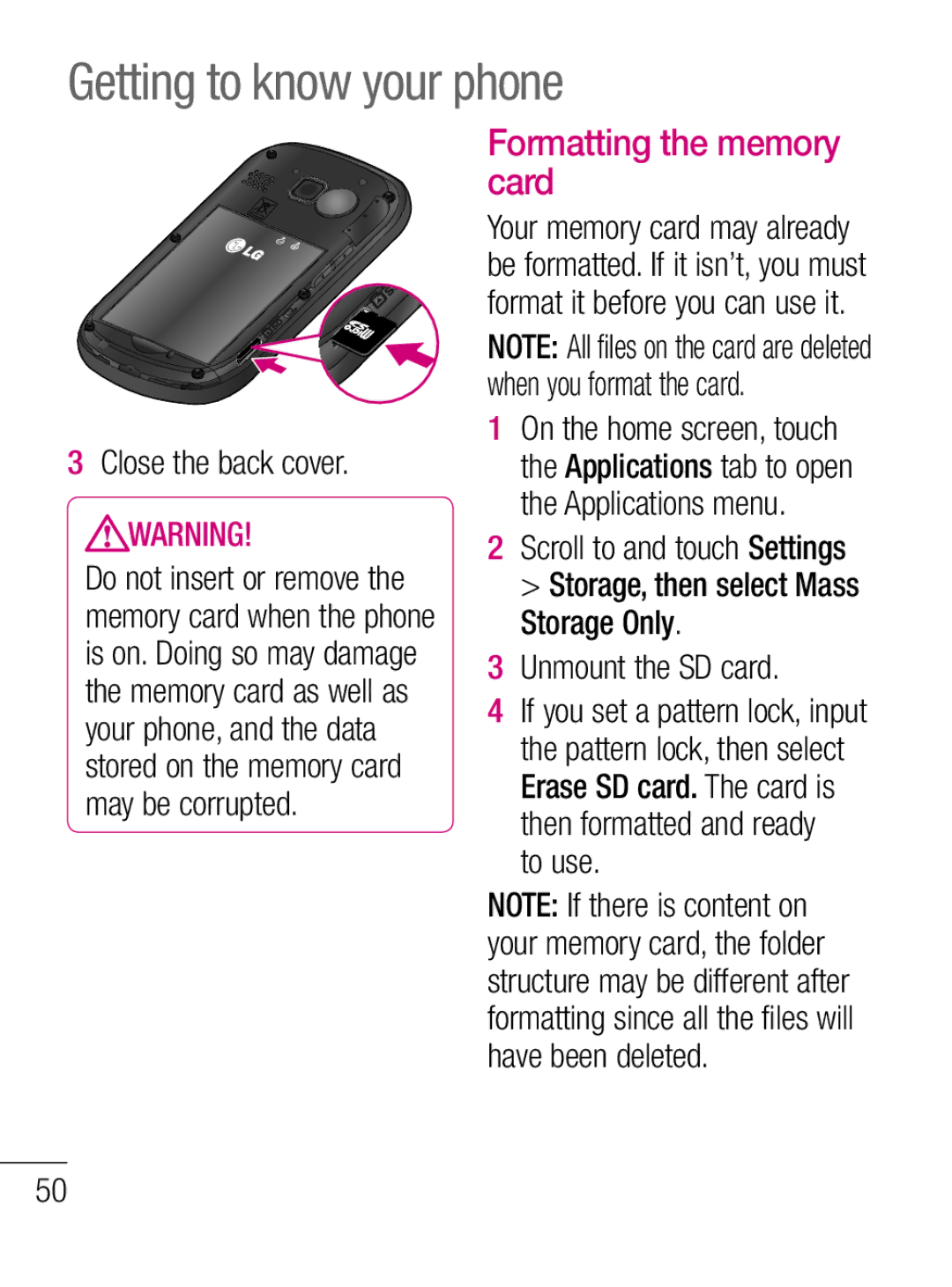 LG Electronics C660R manual Formatting the memory card, Close the back cover, Unmount the SD card, To use 