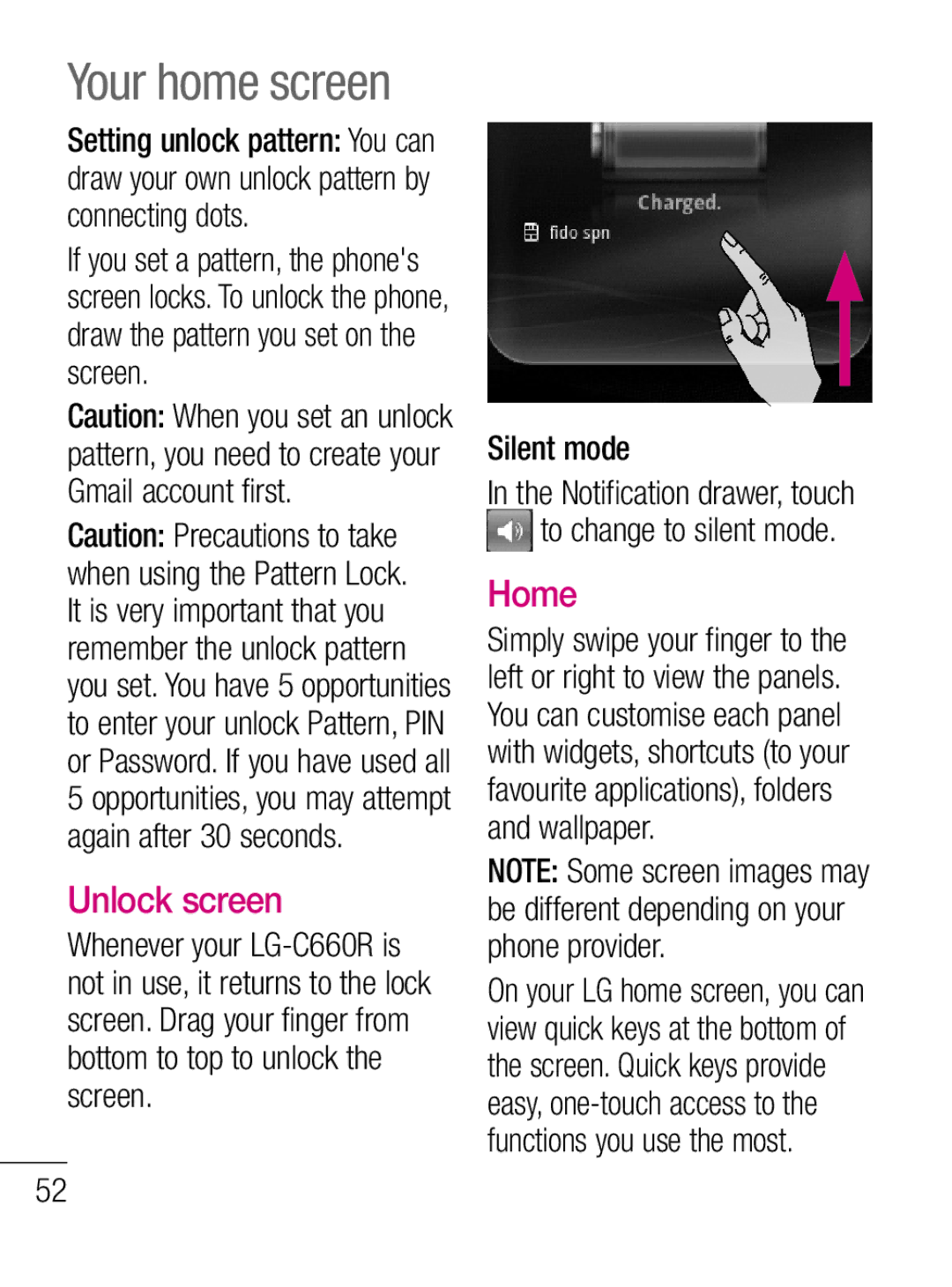 LG Electronics C660R manual Your home screen, Unlock screen, Home, Silent mode 