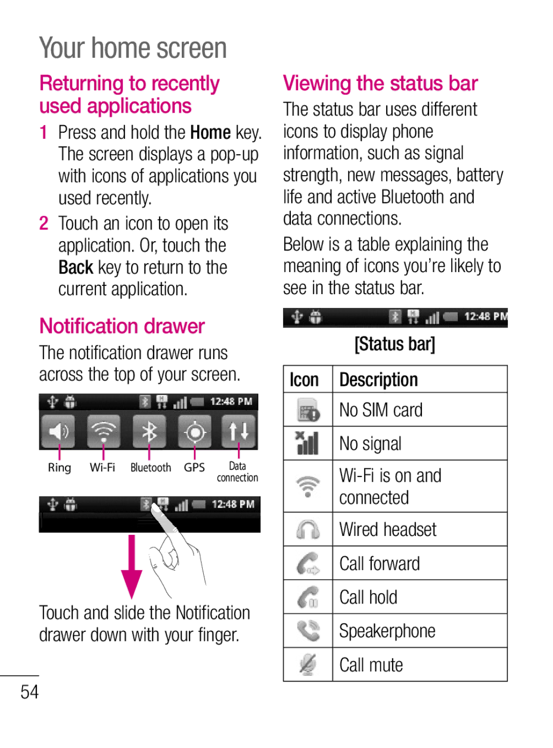 LG Electronics C660R manual Viewing the status bar, Notification drawer, Returning to recently used applications 