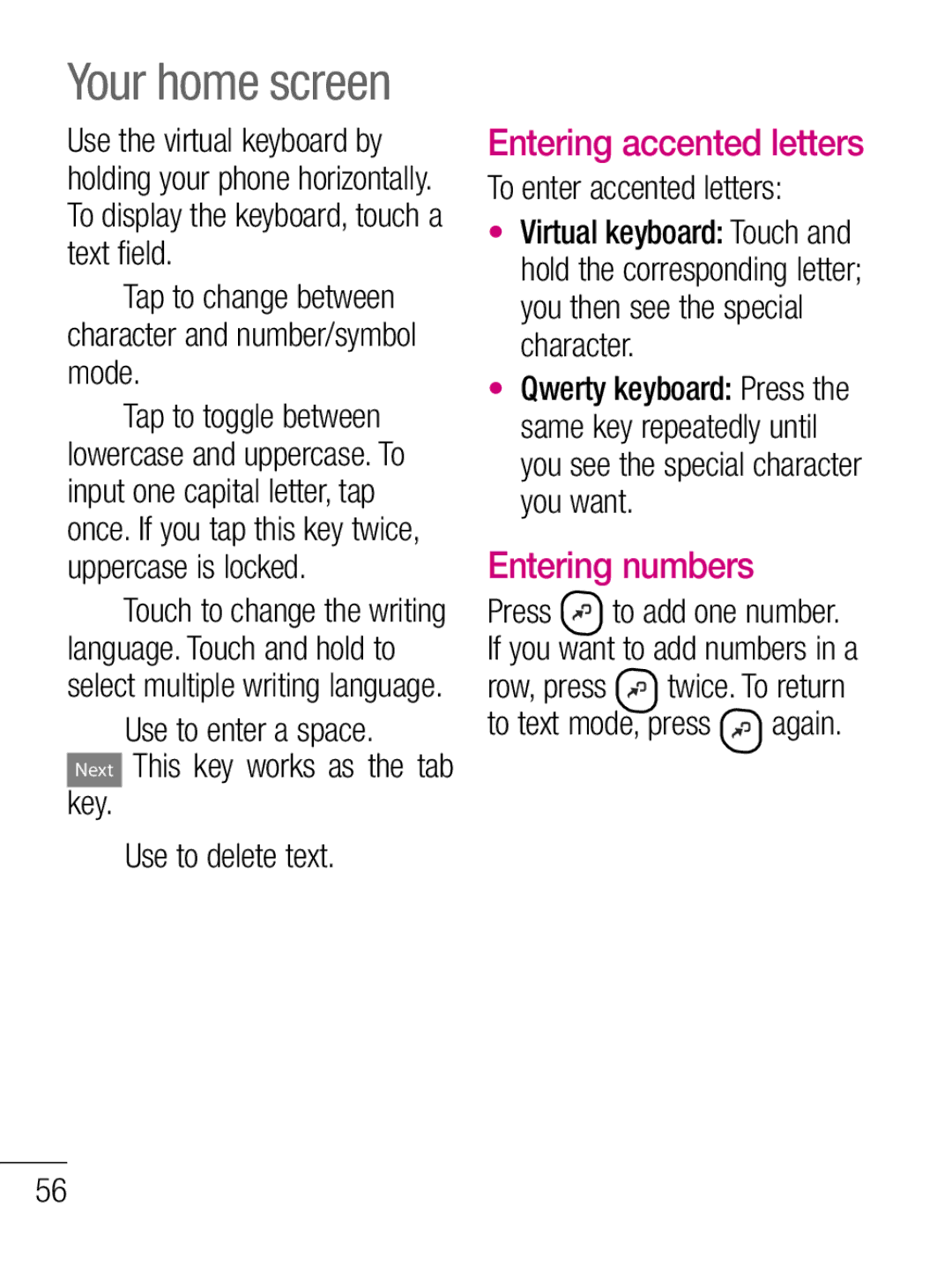 LG Electronics C660R Entering accented letters, Entering numbers, Tap to change between character and number/symbol mode 