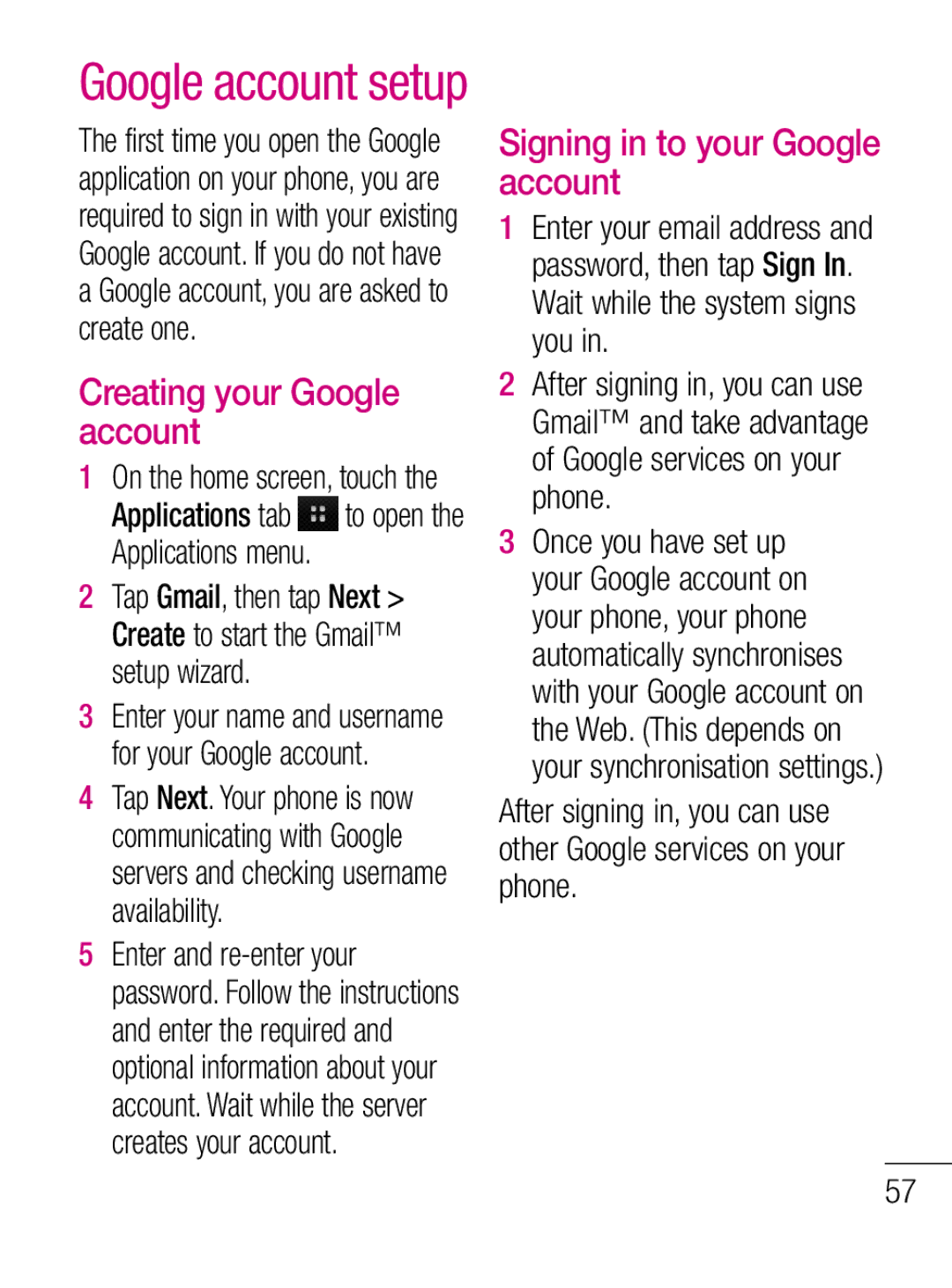 LG Electronics C660R manual Creating your Google account, Signing in to your Google account 