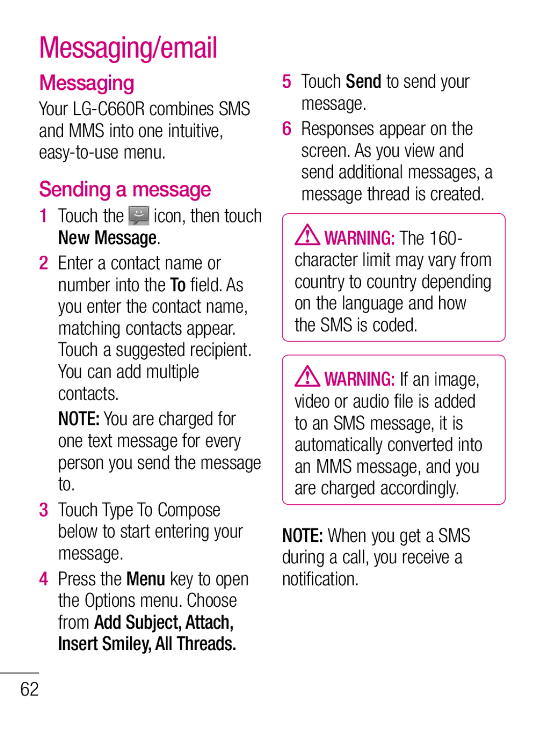 LG Electronics C660R manual Messaging/email, Sending a message, Touch the icon, then touch New Message 