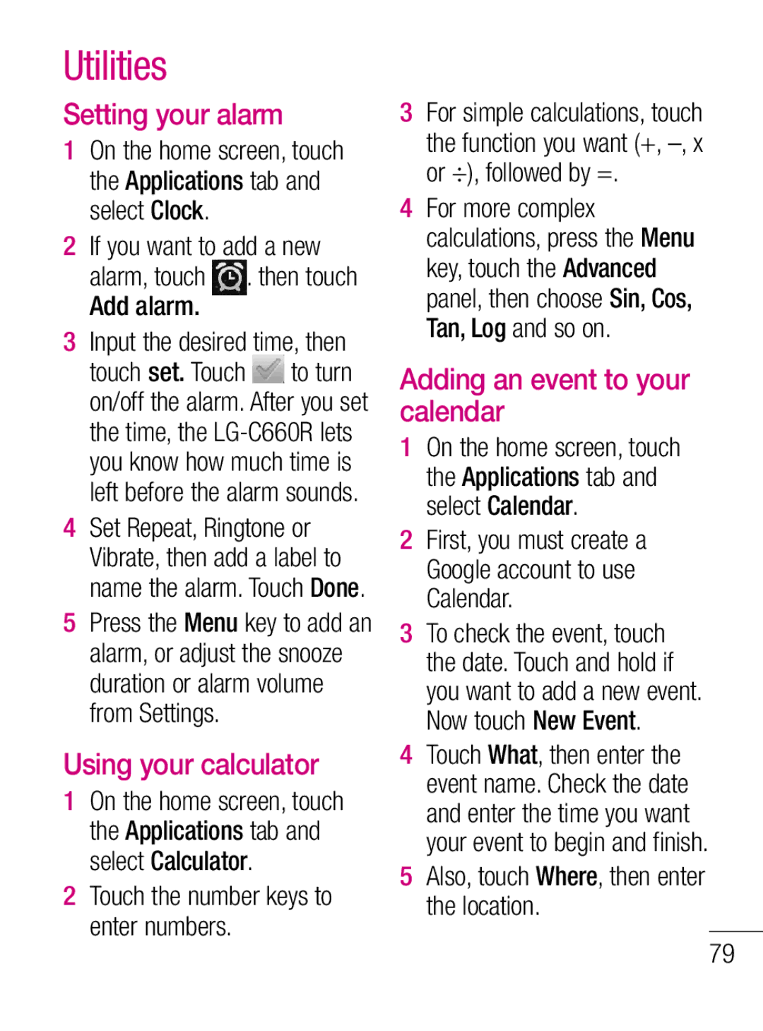 LG Electronics C660R manual Utilities, Setting your alarm, Using your calculator, Adding an event to your calendar 