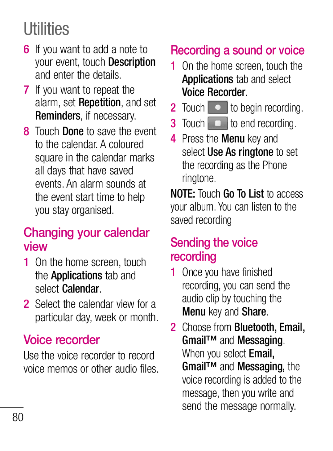 LG Electronics C660R manual Utilities, Changing your calendar view, Voice recorder, Recording a sound or voice 