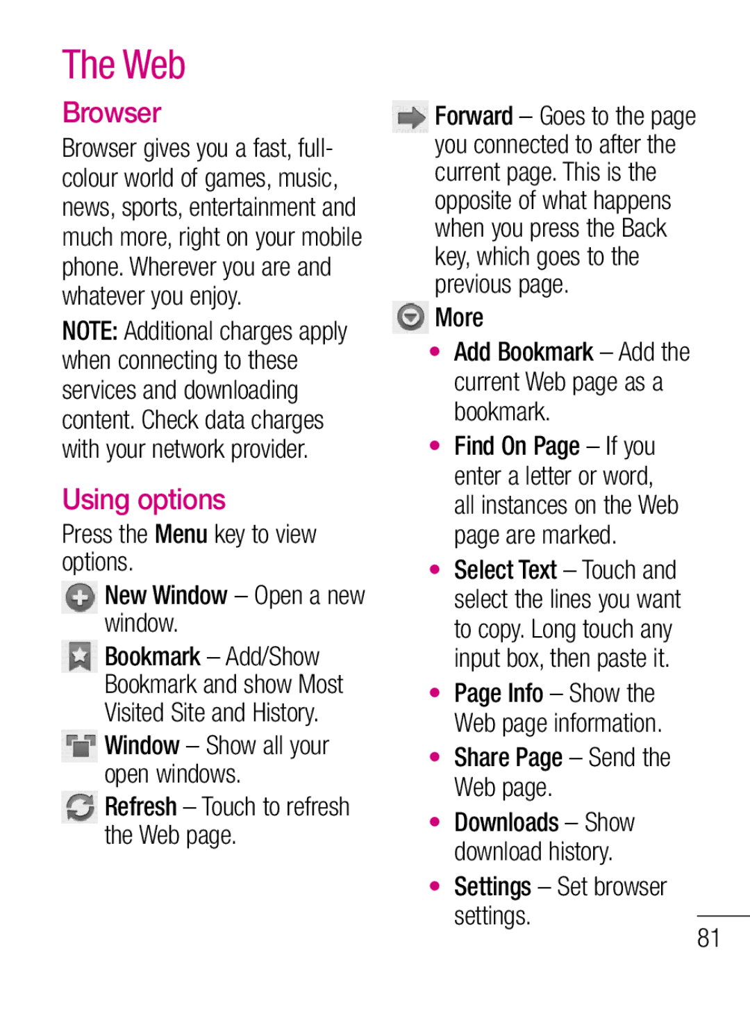 LG Electronics C660R manual Web, Browser, Using options 