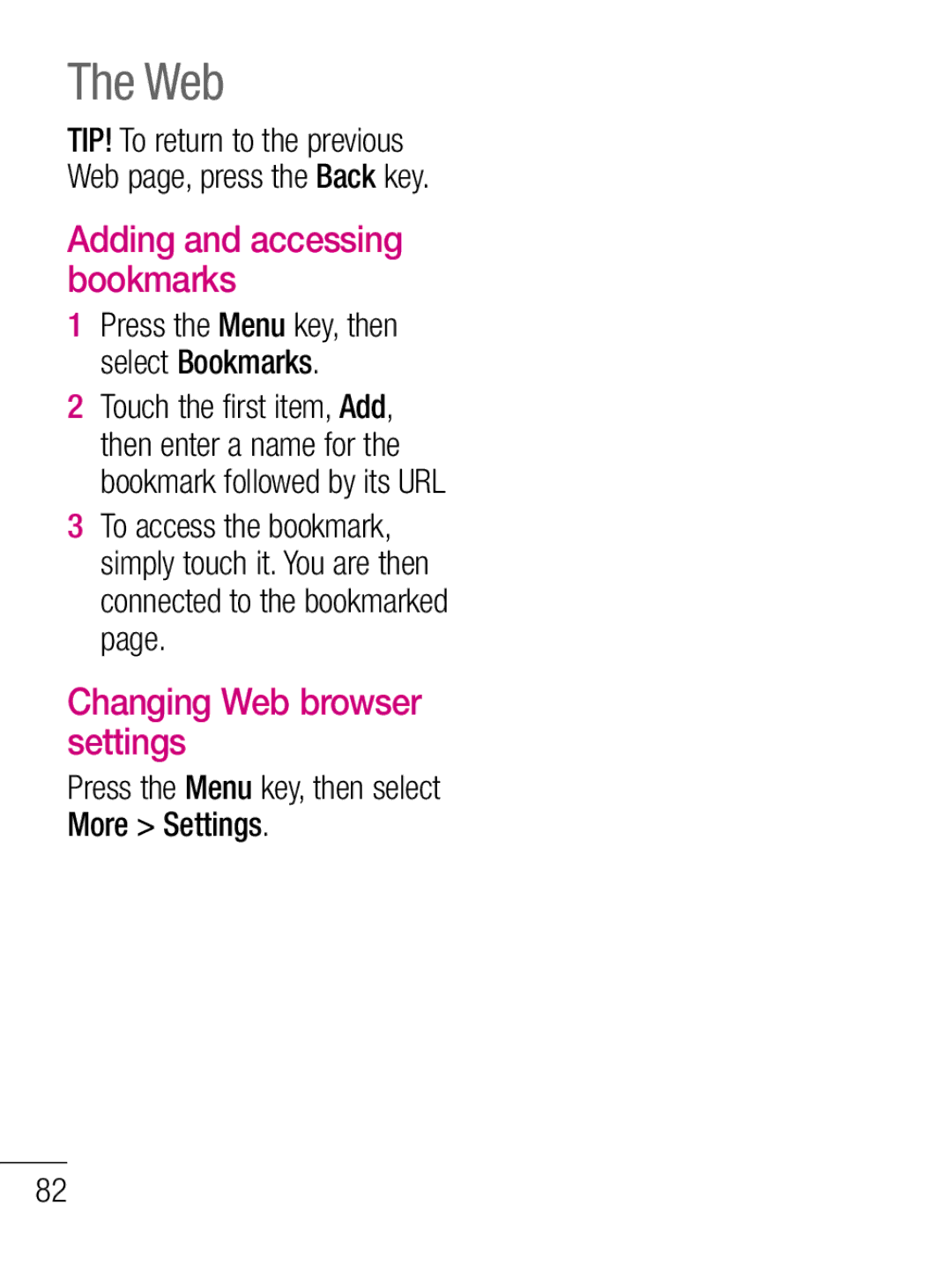 LG Electronics C660R manual Changing Web browser settings, Adding and accessing bookmarks 