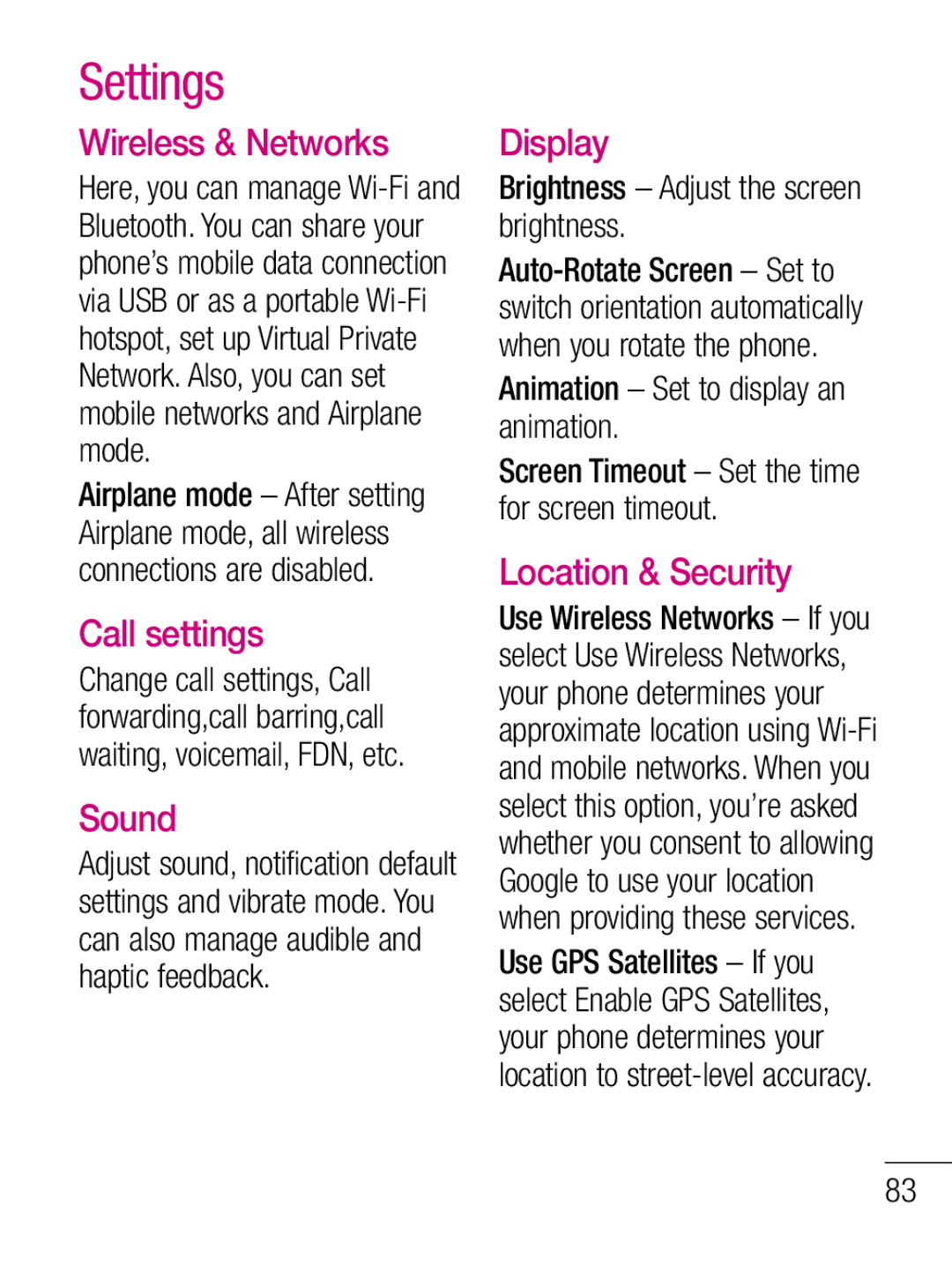 LG Electronics C660R manual Settings, Wireless & Networks, Sound, Display, Location & Security 