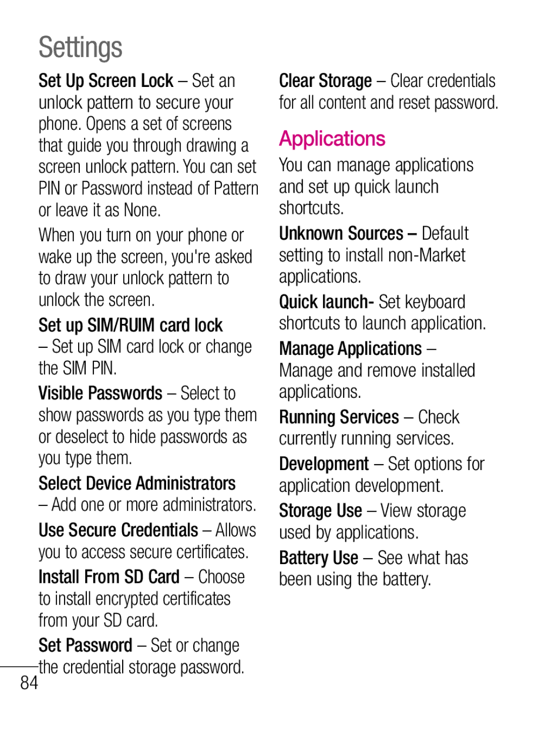 LG Electronics C660R manual Settings, Applications, Select Device Administrators 