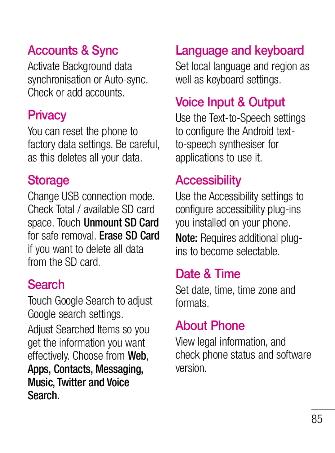 LG Electronics C660R Accounts & Sync, Privacy, Language and keyboard, Voice Input & Output, Storage, Search, Accessibility 