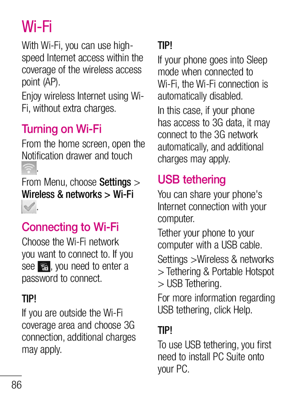 LG Electronics C660R Turning on Wi-Fi, Connecting to Wi-Fi, USB tethering, Tethering & Portable Hotspot USB Tethering 