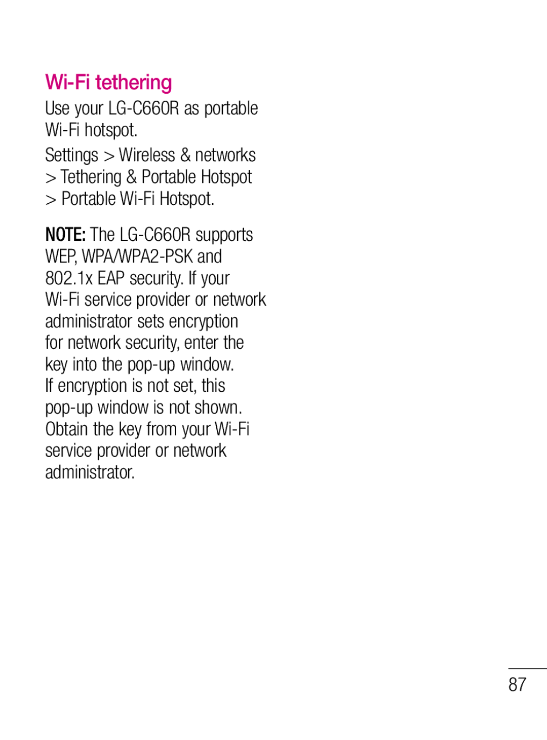 LG Electronics C660R manual Wi-Fi tethering 