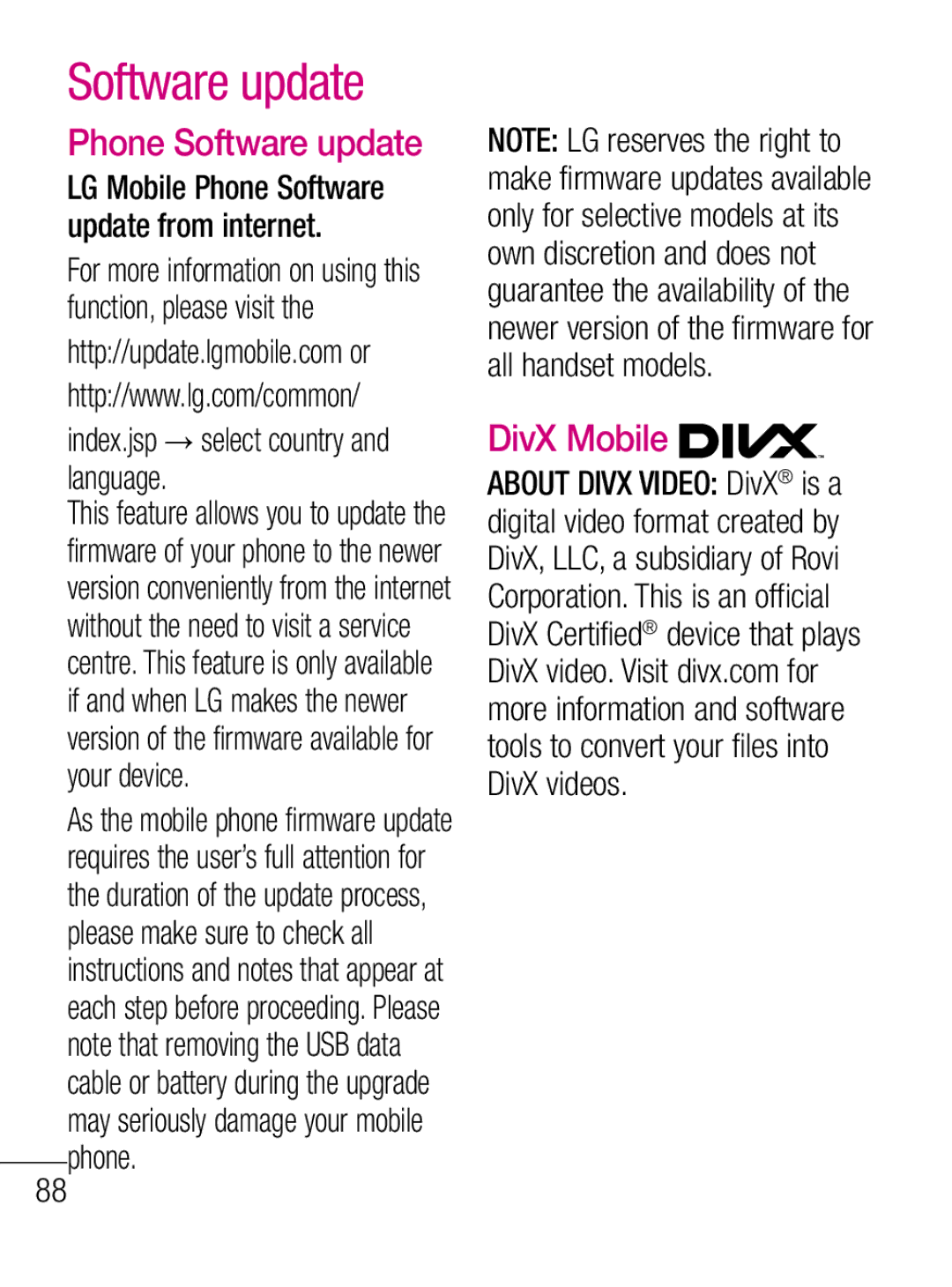 LG Electronics C660R manual DivX Mobile, LG Mobile Phone Software update from internet 