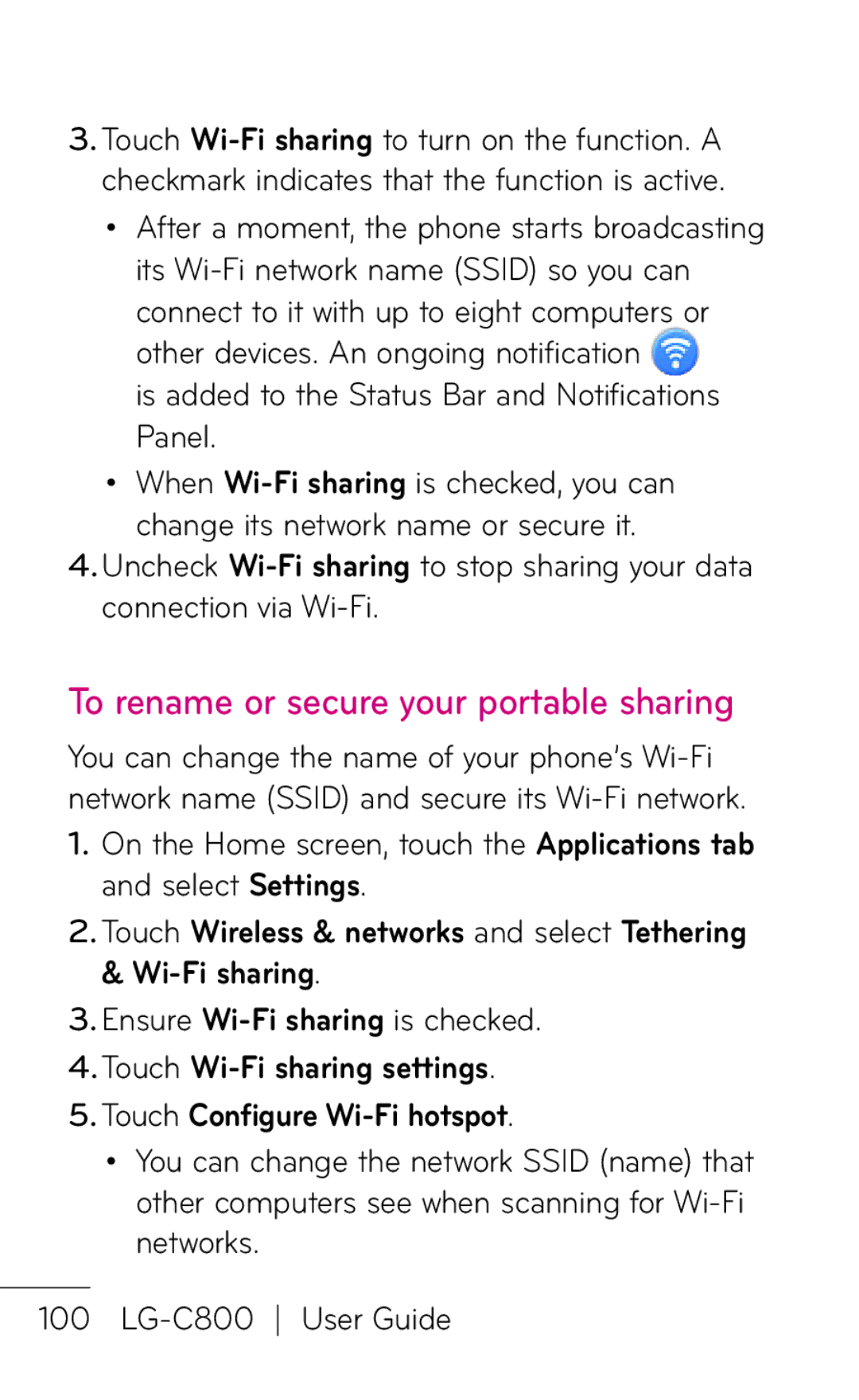 LG Electronics C800 manual To rename or secure your portable sharing, Is added to the Status Bar and Notifications Panel 