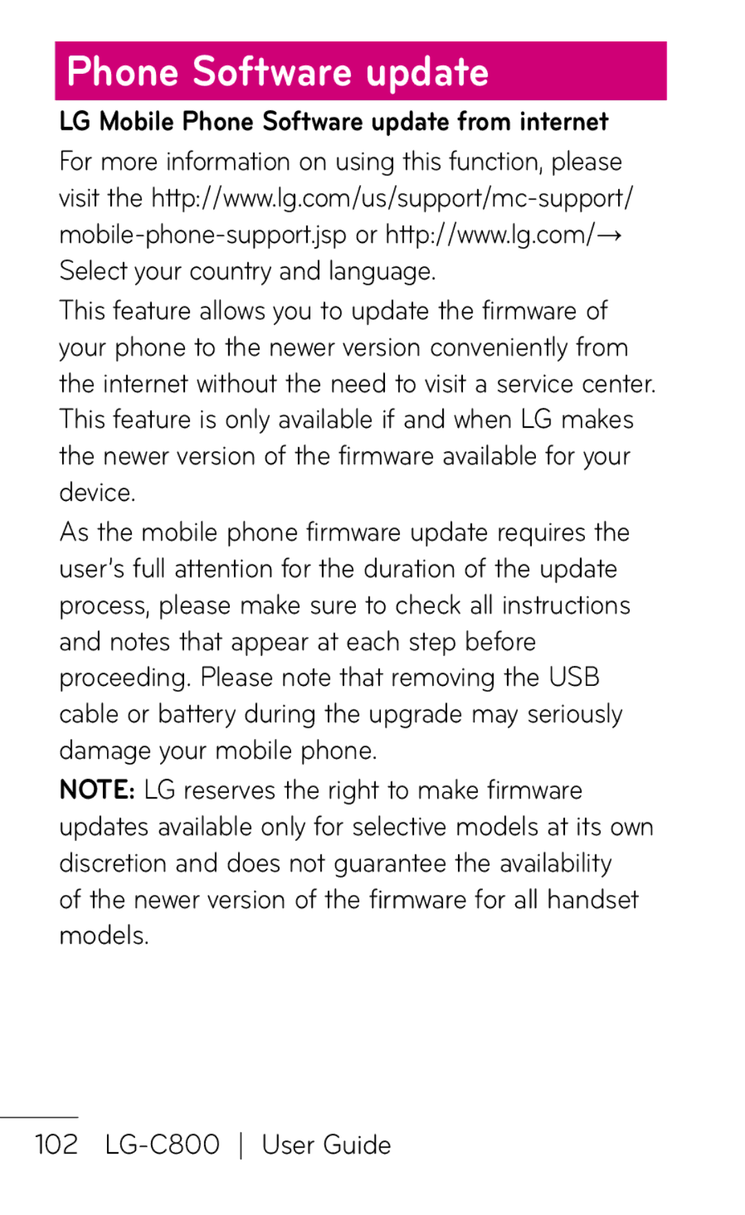 LG Electronics C800 manual LG Mobile Phone Software update from internet 