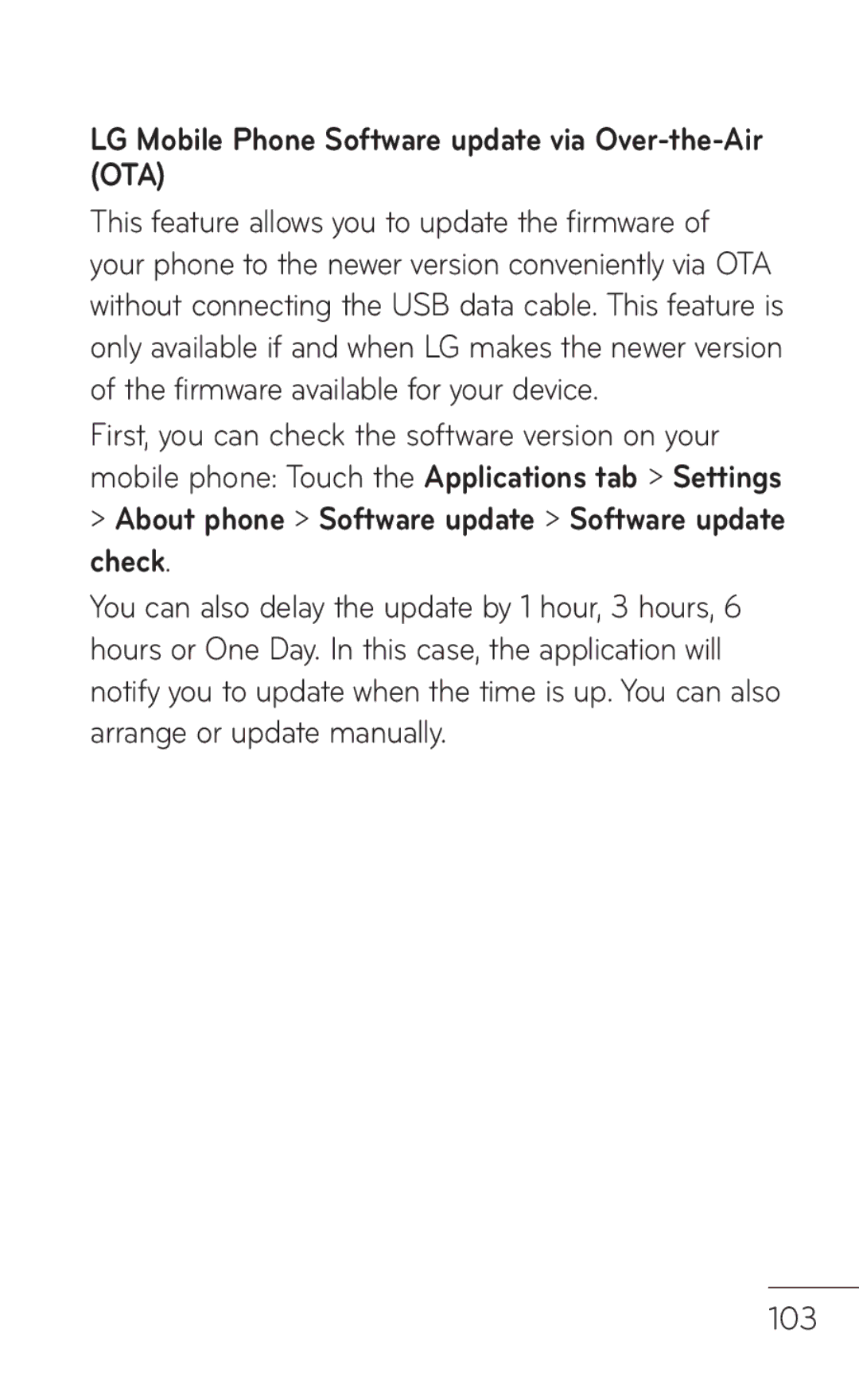 LG Electronics C800 manual LG Mobile Phone Software update via Over-the-Air OTA, 103 