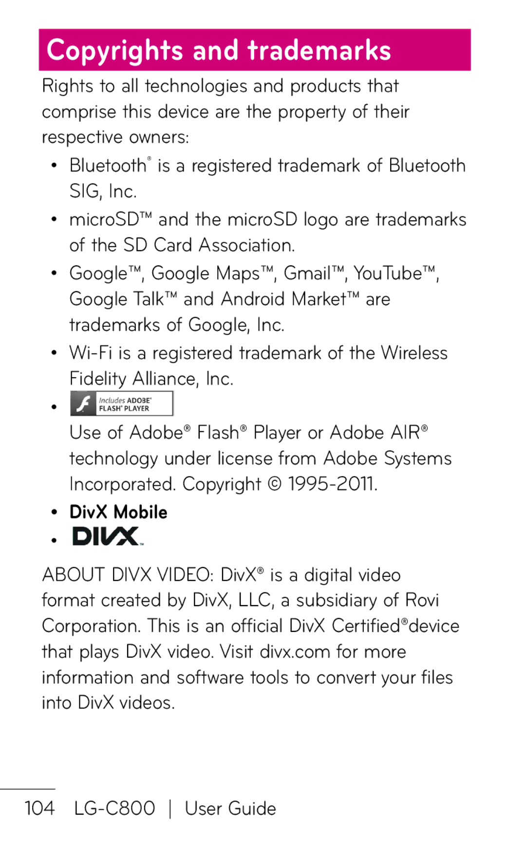 LG Electronics C800 manual Copyrights and trademarks, DivX Mobile 