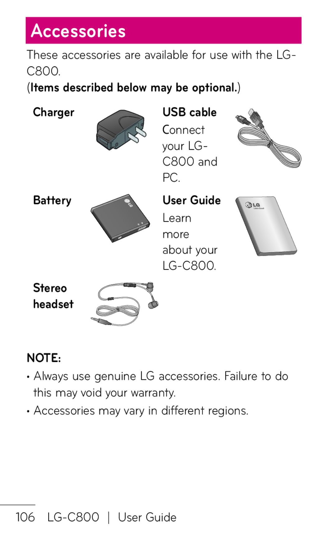 LG Electronics C800 manual Accessories 