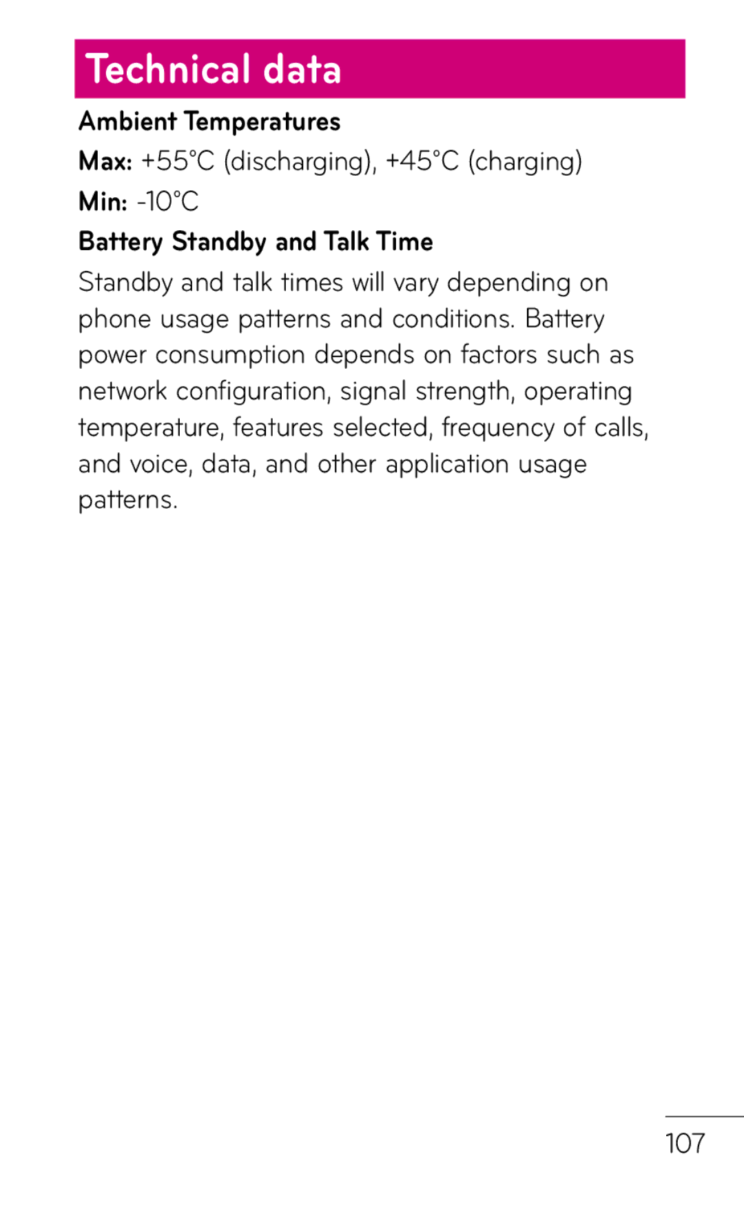 LG Electronics C800 manual Technical data, Ambient Temperatures, Max +55C discharging, +45C charging 